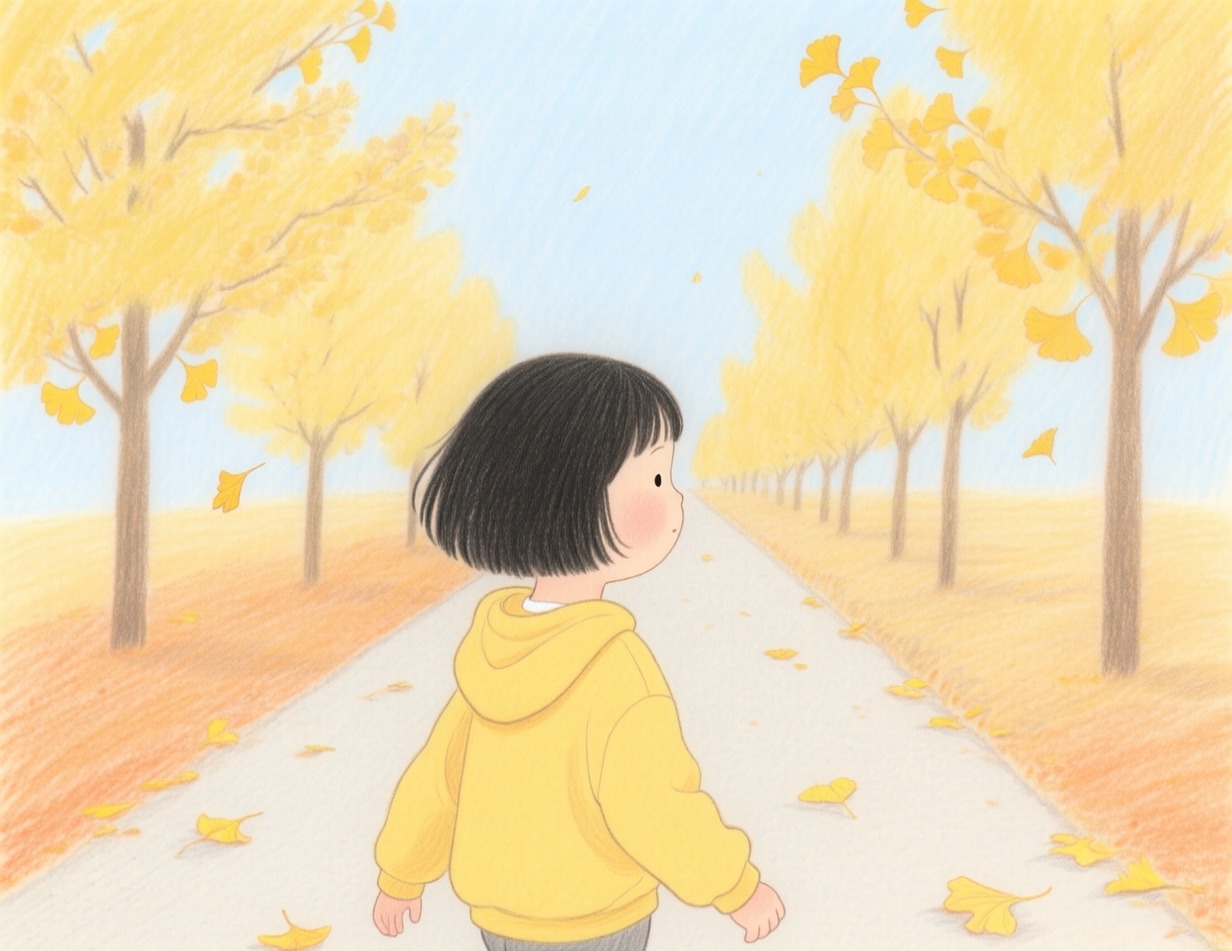 우리 사이 한 뼘 반 상상 장면, 은행나무 길을 혼자 걷는 노란 옷 아이