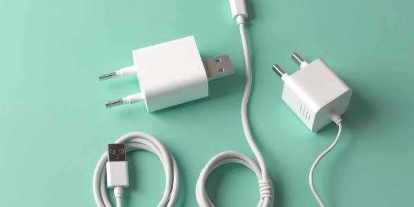 민트색 배경 위에 놓인 여러 종류의 흰색 충전 케이블과 어댑터.