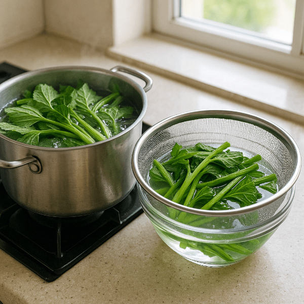 머위를 데쳐서 독성 성분 제거하는 조리 과정 이미지