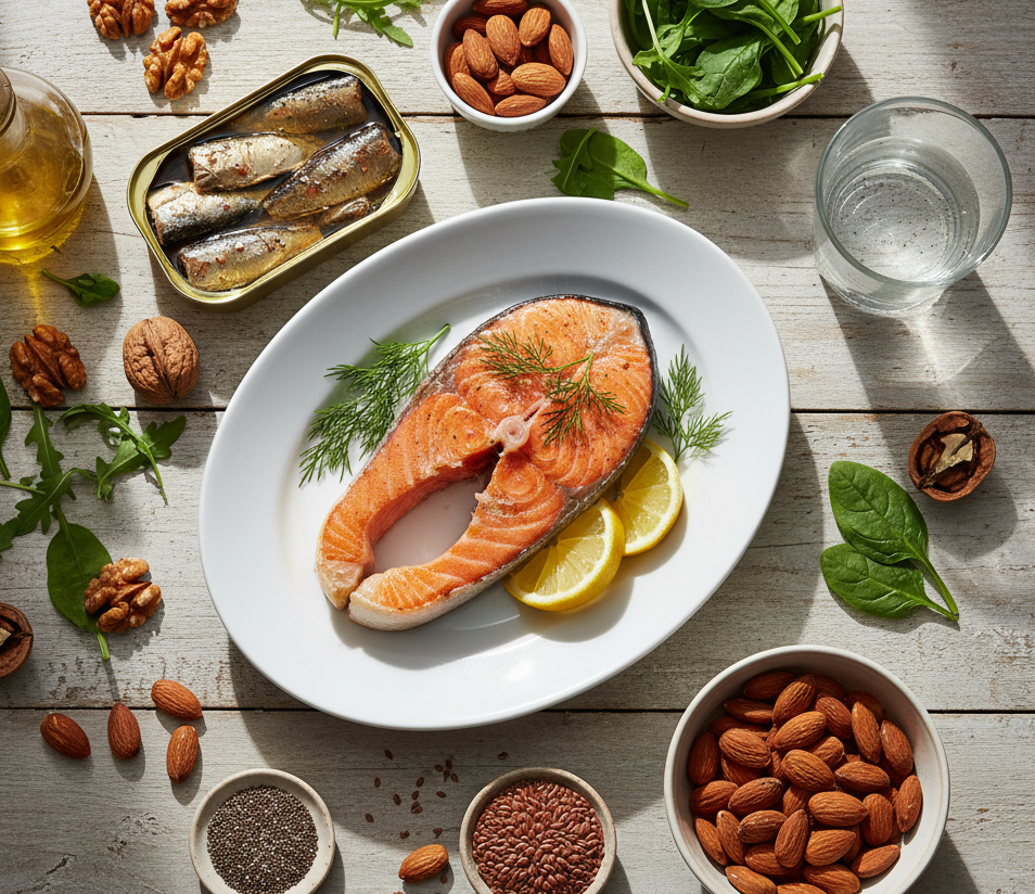 연어, 견과류, 참치, 올리브유 등 오메가3가 풍부한 식품들