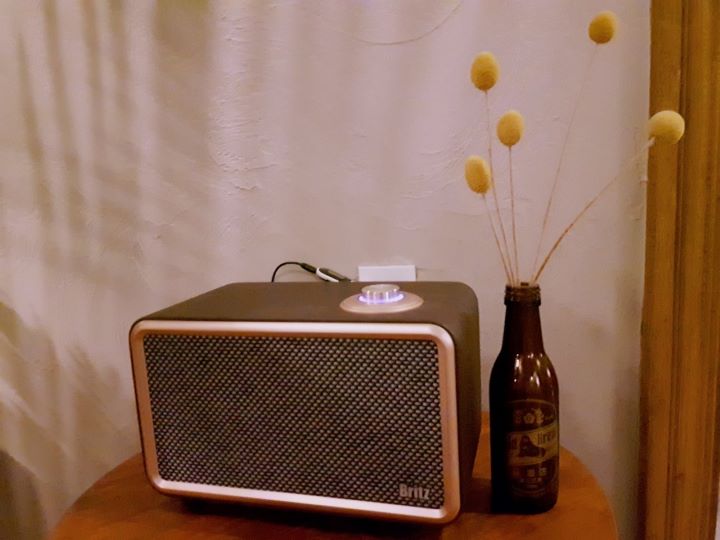 미니스피커-옆-작은병에-꽂혀있는-조화-5송이