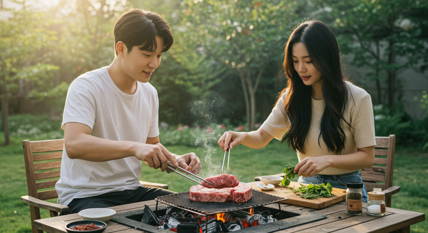 숯불에 스테이크를 굽고 있는 모습