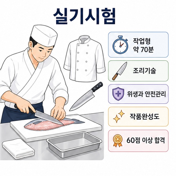 일식조리기능사 실기는 약 70분의 작업형 시험으로 조리기술과 위생, 안전관리, 작품완성도를 평가한다는 이미지