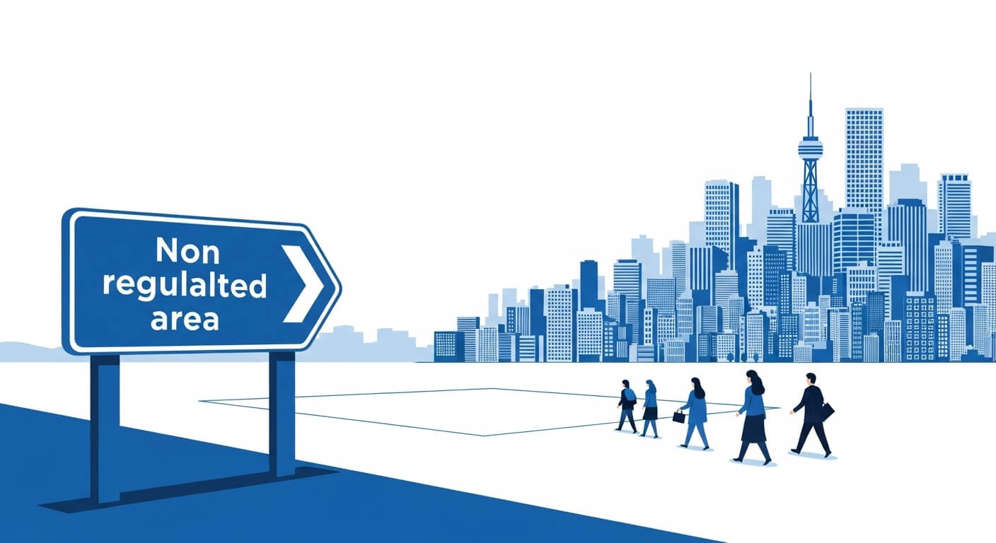 뒷배경에는 도시가있고 사람들이 비규제지역으로 가고있다