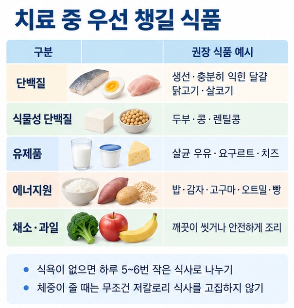 혈액암 치료 중 단백질 열량 채소 과일을 식사에 구성해 체중과 근육을 유지하는 방법을 보여주는 이미지