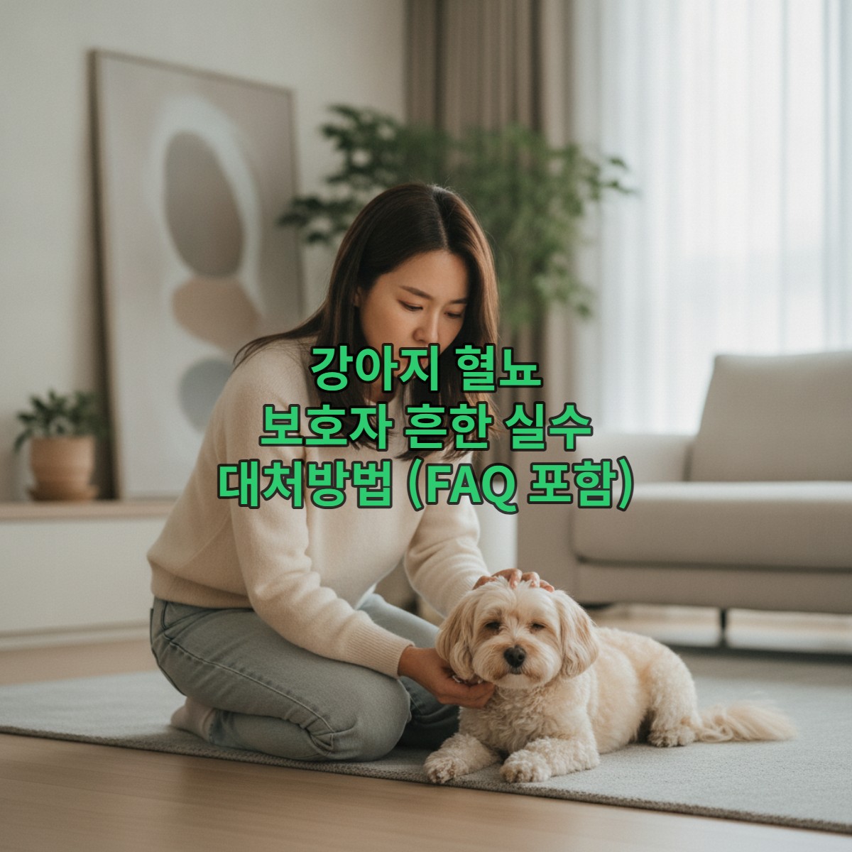 소변에서 피가 비쳐 걱정스러운 표정으로 강아지를 살피는 보호자.