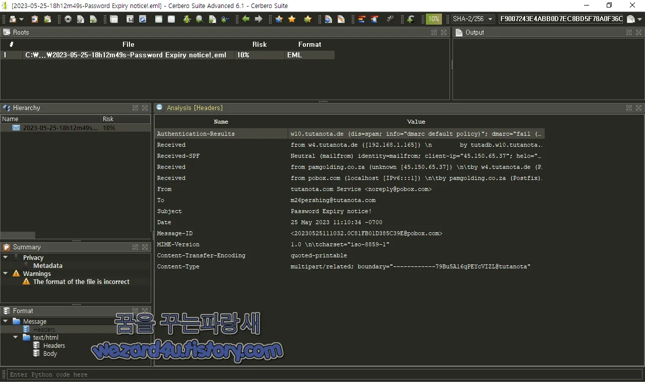 Cerbero Suite Advanced 본 eml 파일 정보