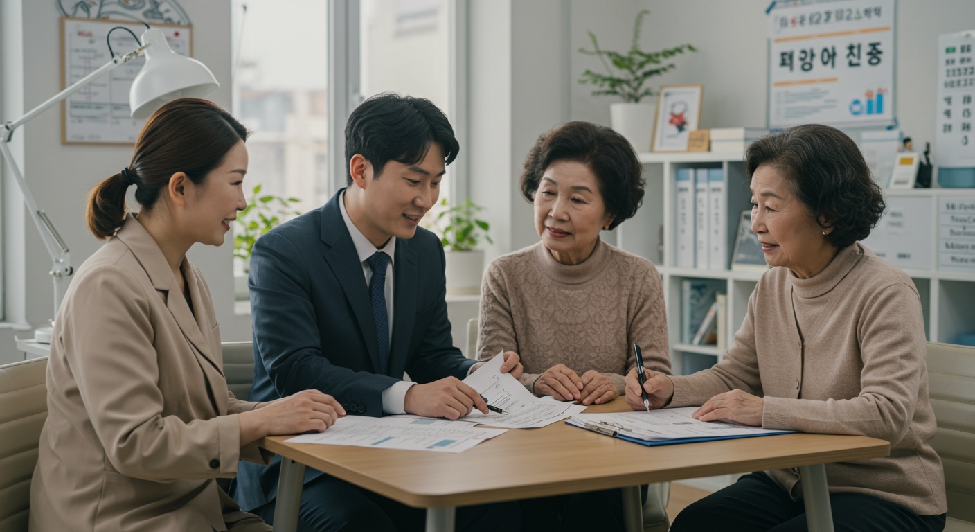 노인복지 서비스를 안내받는 어르신과 가족의 모습, 상담사와 대화하는 장면
