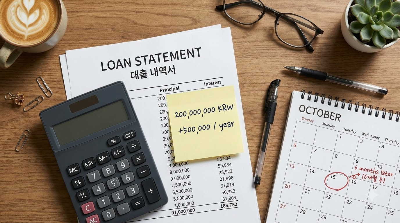 대출 고지서 위에 계산기, 2억 원과 연 50만 원이 적힌 메모지, 달력에 6개월 뒤 동그라미