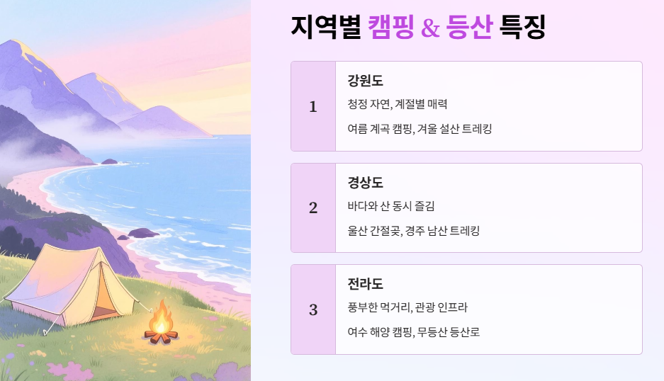 지역별 캠핑 & 등산 특징