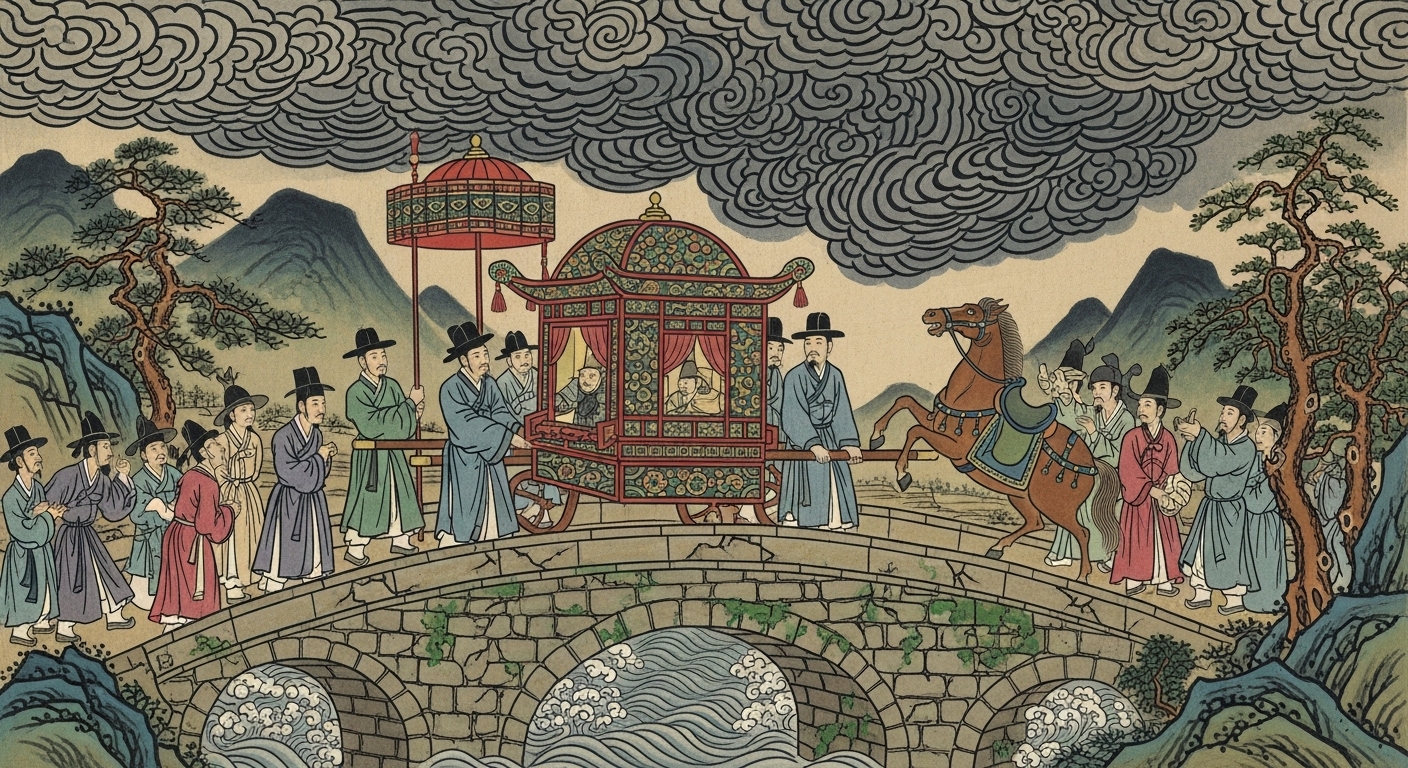 조선시대 전통 민화 스타일, 석조 다리 위를 지나는 왕의 가마 행렬과 신하들, 불길한 구름이 가득한 하늘, 다리 아래 거친 물결