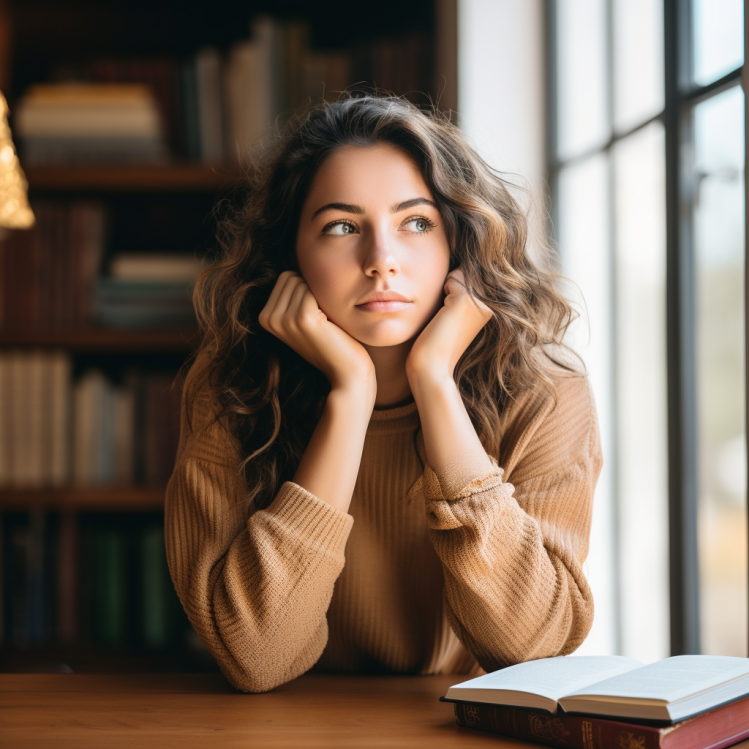 A woman pondering the conclusion of her book review