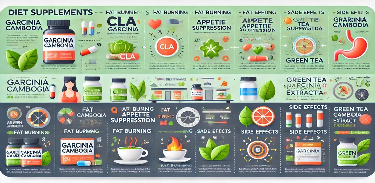 CLA, 가르시니아, 녹차 추출물의 체지방 감소, 식욕 억제, 부작용에 대한 효과 설명