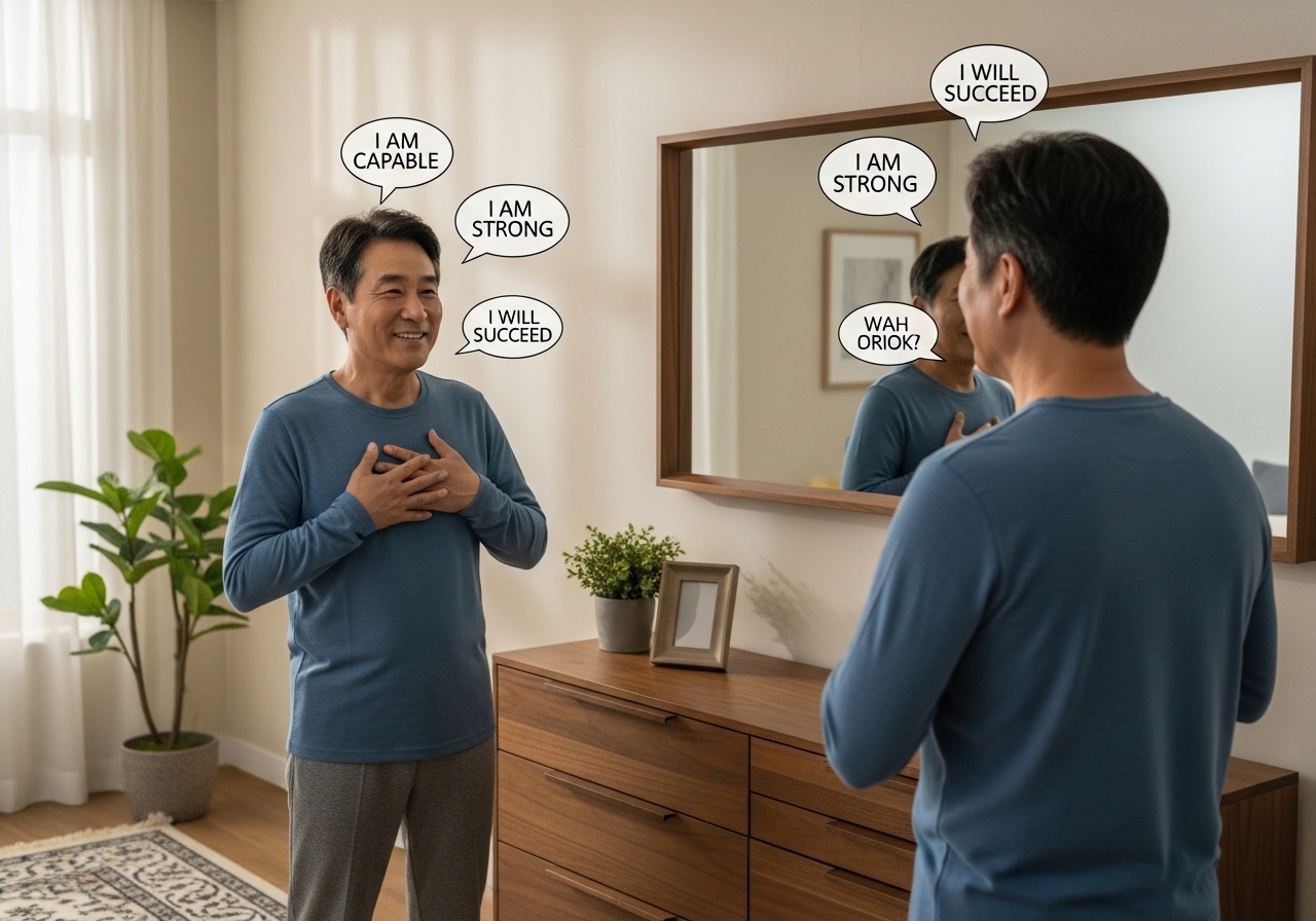 거울 앞 긍정 확인 중인 남성