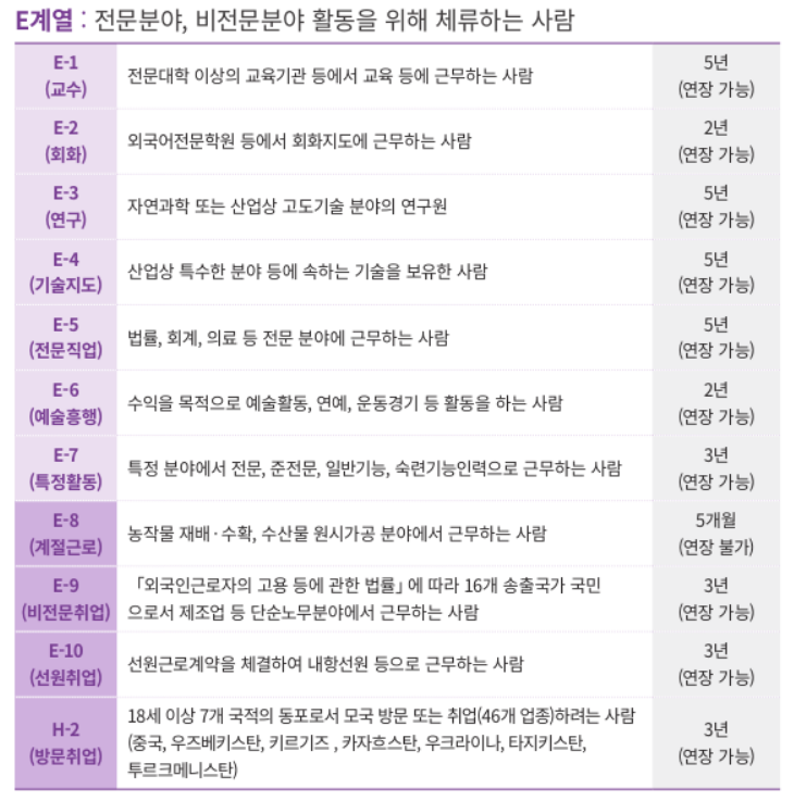 E계열의 체류자격에 따른 분류