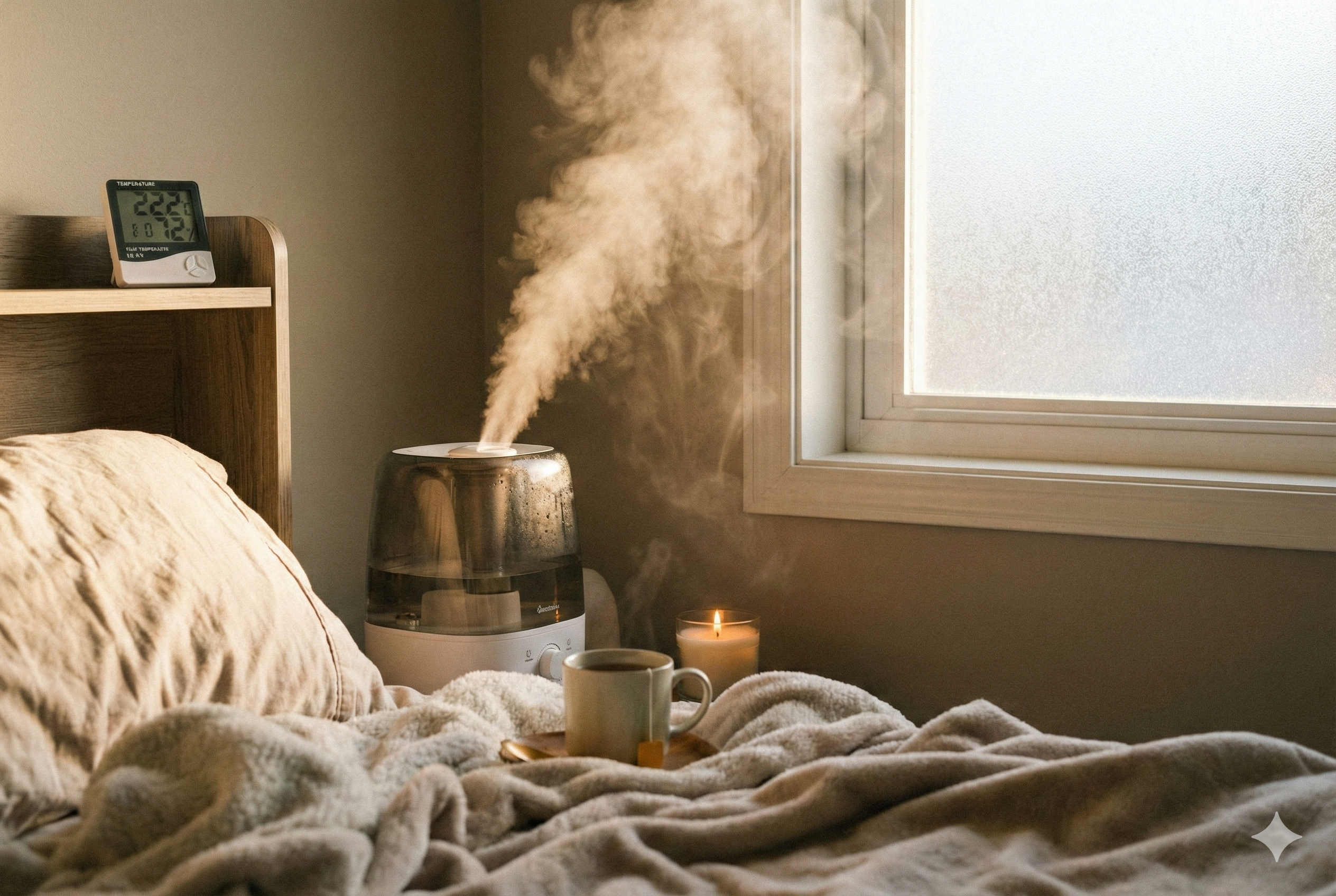 가습기에서 수증기가 뿜어져 나오며 실내 온도가 올라가는 이미지