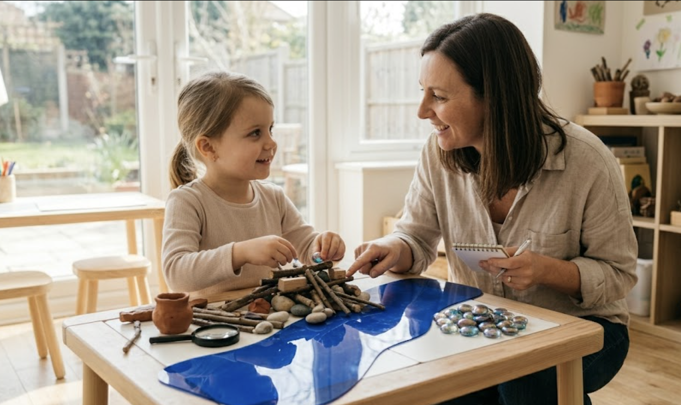 레지오 에밀리아 교육 도발 기법, 비버 프로젝트 중 푸른색 아크릴판과 새로운 재료로 아이의 호기심을 다시 자극하는 엄마