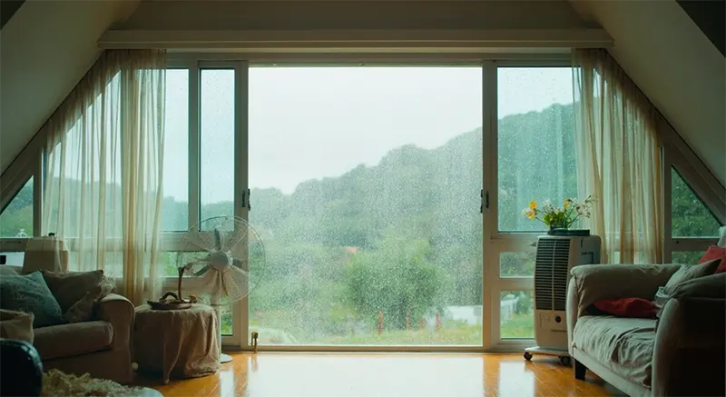 거실 창 문 밖에는 비가 내리고 있고, 거실 문을 활짝 열고 환기 시키는 이미지.