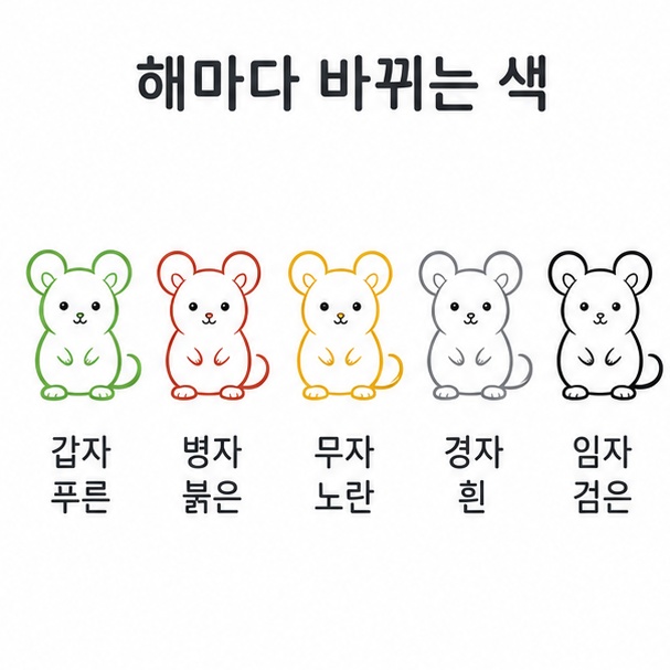 쥐띠 해의 색 구분, 갑자 푸른 쥐부터 임자 검은 쥐까지 다섯 가지를 나열한 도표