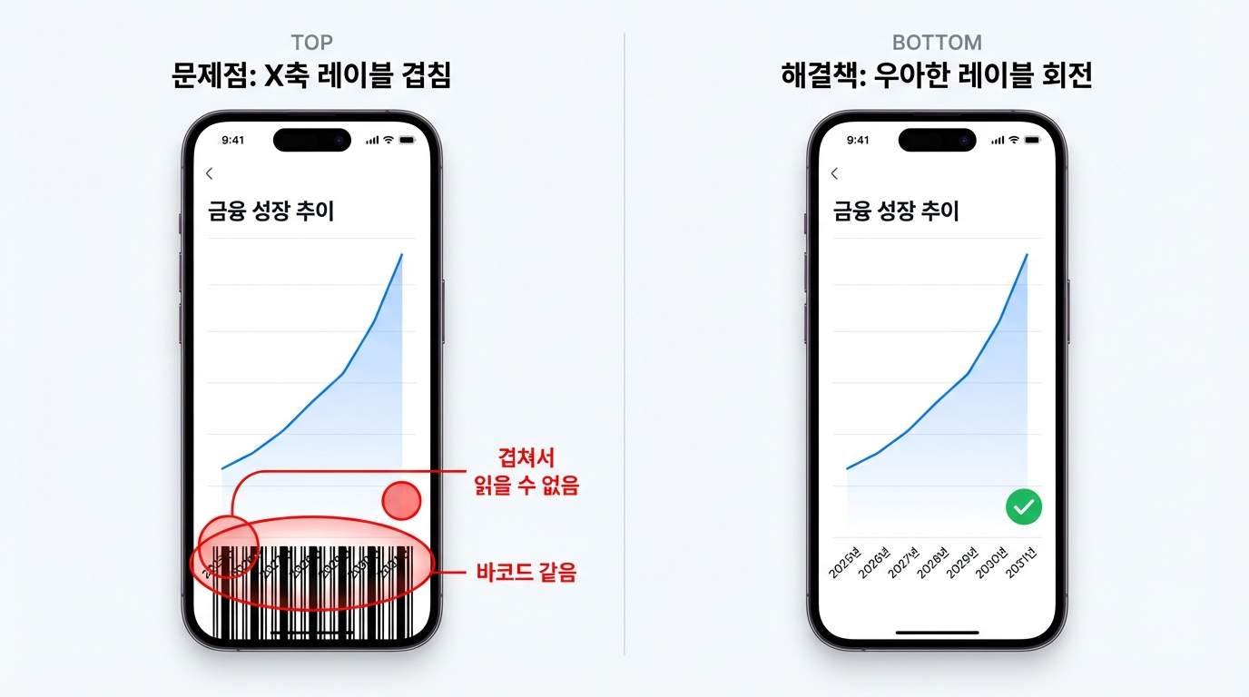 좁은 모바일 화면에서 차트의 X축 연도 글씨가 겹쳐서 바코드처럼 보이는 에러와, 글씨를 비스듬하게 눕혀서 깔끔하게 해결한 모습