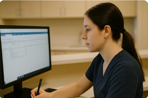 간호사가 모니터 보며 기록하는 장면