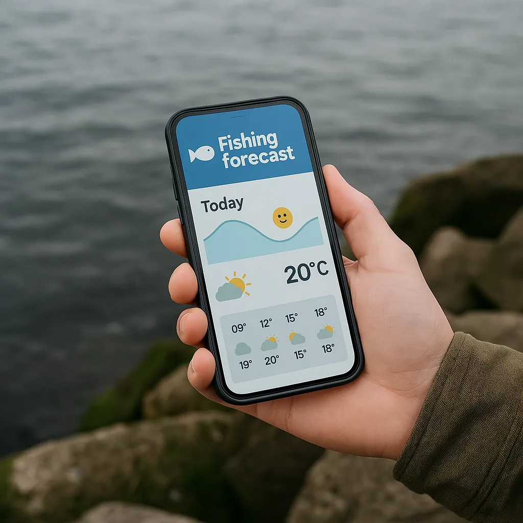 바닷가 바위에서 낚시 예보 앱을 확인 중인 스마트폰 화면