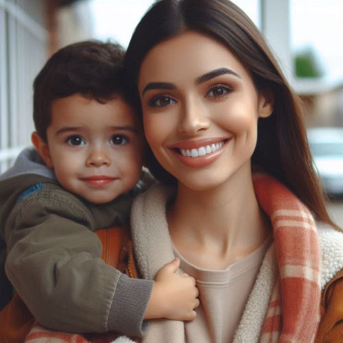 가정폭력 보호시설을 나오며 활짝 웃는 엄마와 어린 아들