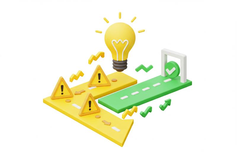 경고 표지판과 녹색 체크 게이트가 있는 두 갈래 길, 아이디어 전구와 예외 기호가 있는 3D 아이콘