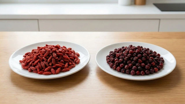 구기자 말린 열매와 오미자 말린 열매가 각각 흰 접시에 담겨 나란히 놓인 모습