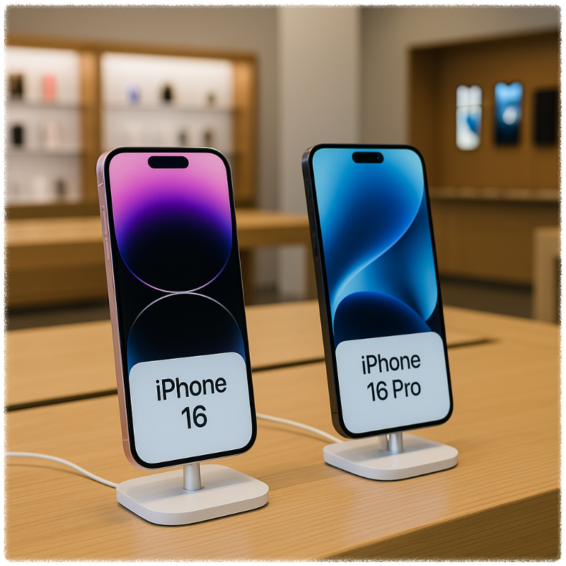 아이폰 16과 아이폰16프로가 전시장에 비치
