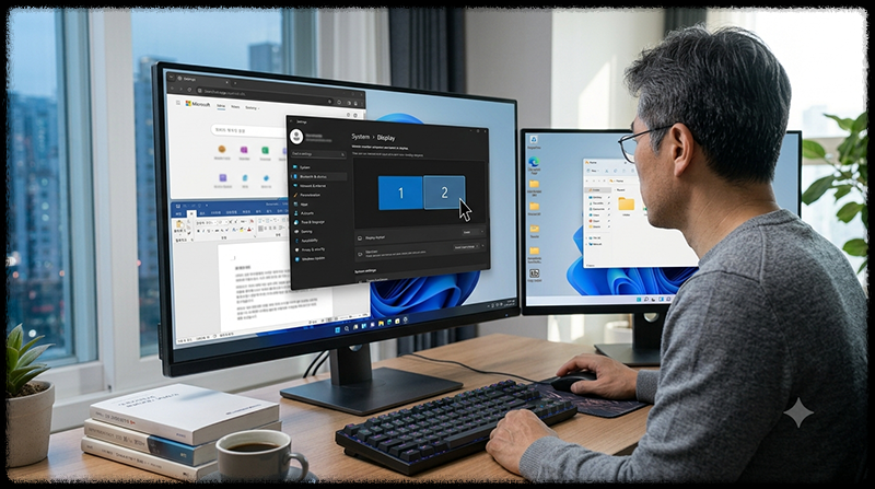 실제 모니터 위치에 맞춰 Windows 11 듀얼 모니터 배열을 조정하는 모습