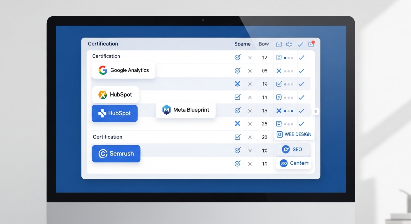 다양한 웹마스터 관련 자격증 로고와 비교표가 깔끔하게 정리된 컴퓨터 화면 일러스트. 체계적인 정보 비교를 강조하는 클래식 블루 톤의 전문적인 시각 자료입니다
