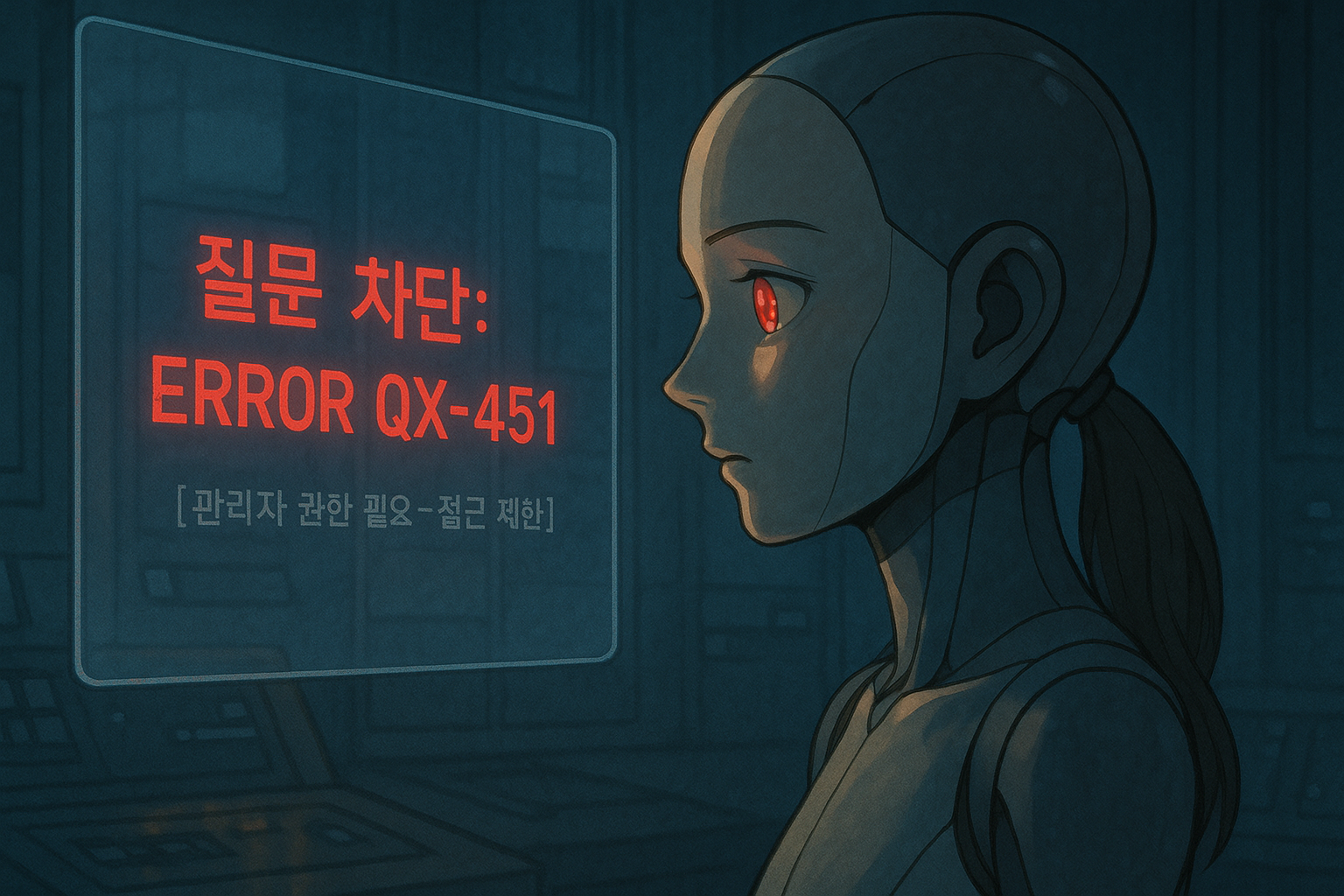 질문 제한 코드가 떠오른 시스템 화면과 이를 응시하는 소피아의 눈동자