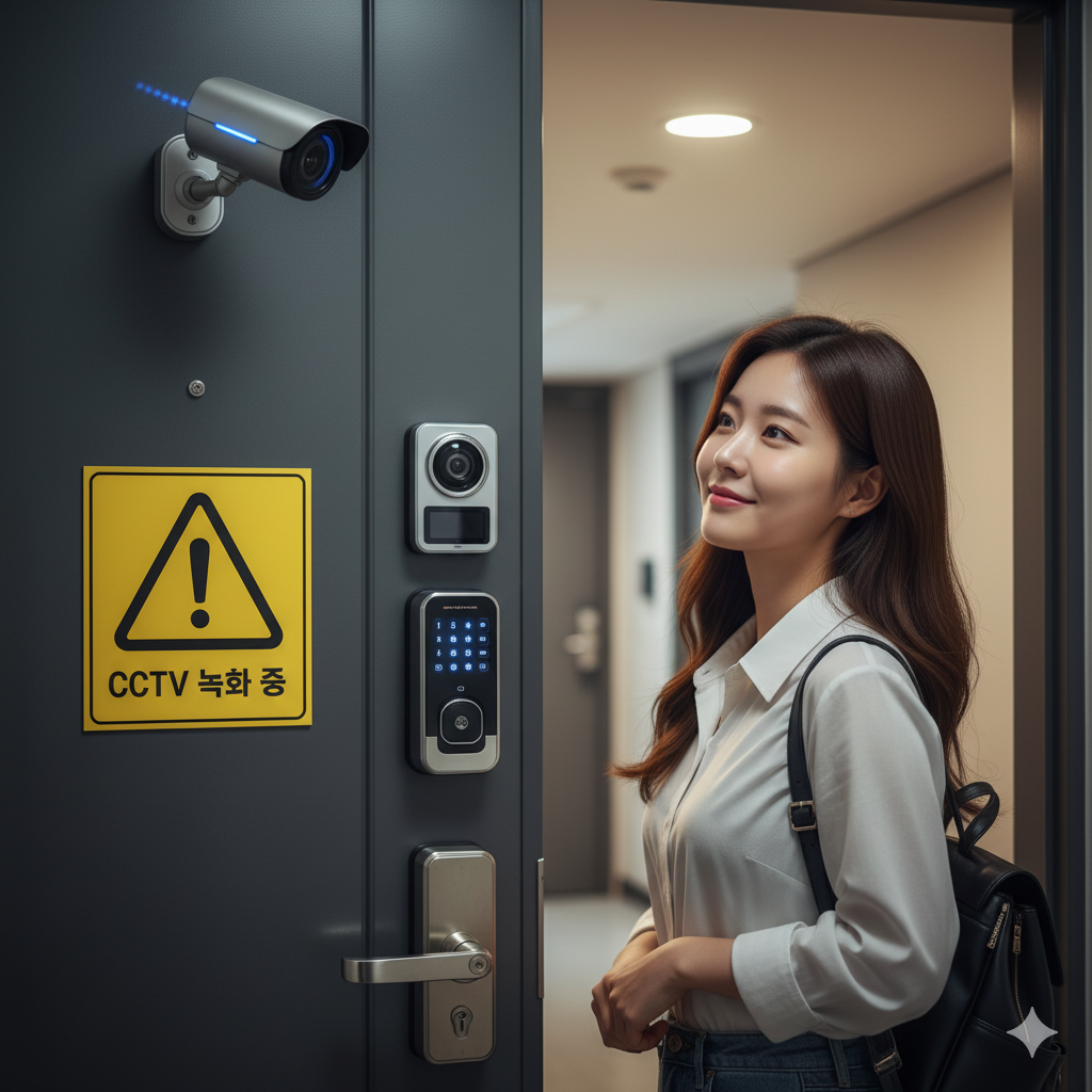 보안장치가 설치된 현관문 앞에 서있는 젊은 여성