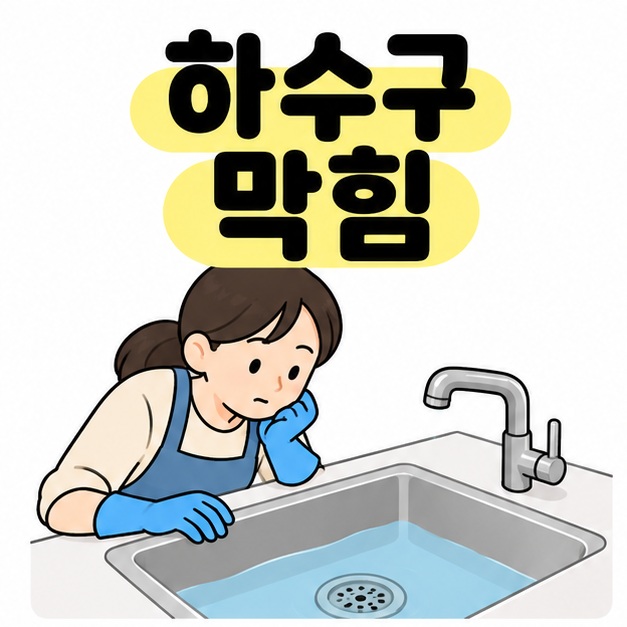 하수구 막힘 제목 아래 장갑을 낀 여성이 주방 싱크대에 고인 물을 살펴보는 모습