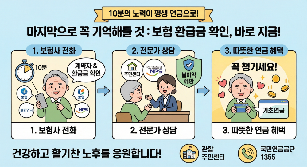 마지막으로 꼭 기억해둘 것: 보험 환급금 확인, 바로 지금!'이라는 제목의 인포그래픽