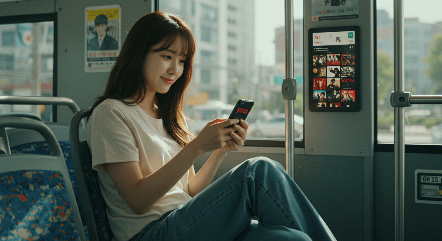버스 안에서 넷플릭스 앱을 확인하며 할인 혜택을 누리는 모습 3