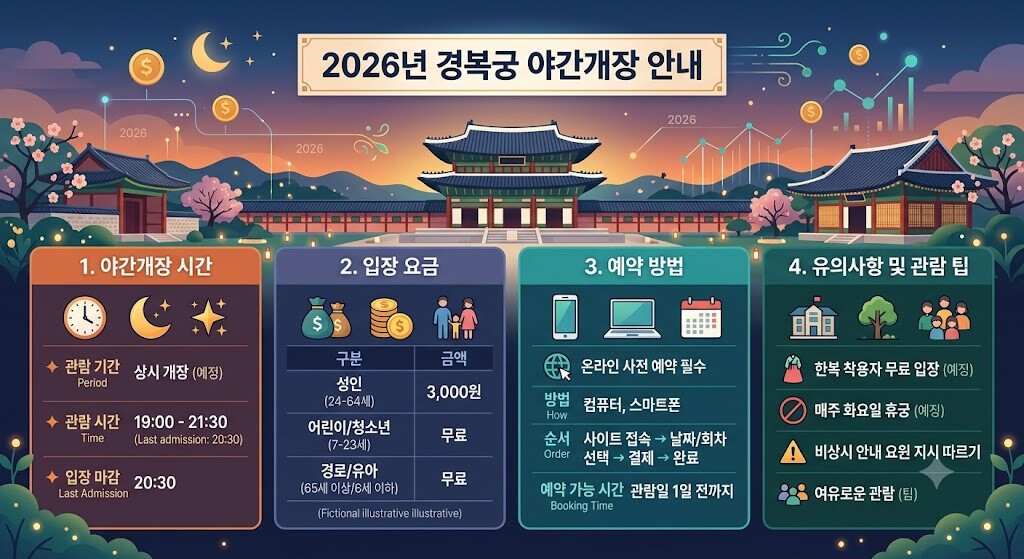 2026년 경복궁 야간개장 시간, 입장 요금, 예약 방법 안내 인포그래픽