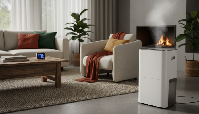 작동 중인 제습기가 적정 실내 습도(40-60%)를 유지하며 쾌적함을 선사하는 거실 풍경.