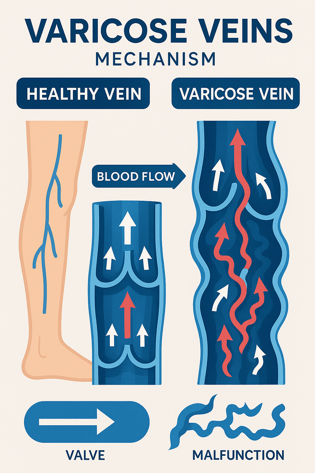 하지정맥류 발생 메커니즘을 보여주는 인포그래픽