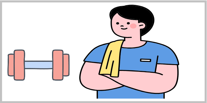 "운동복을 입고 수건을 맨 트레이너 일러스트, 체지방 감량을 위한 운동 조언을 제공하는 모습