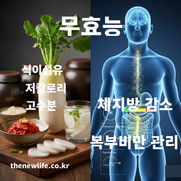 식이섬유와 저칼로리 성분이 체지방 감소와 복부 비만 억제를 돕는 무 효능 설명 이미지