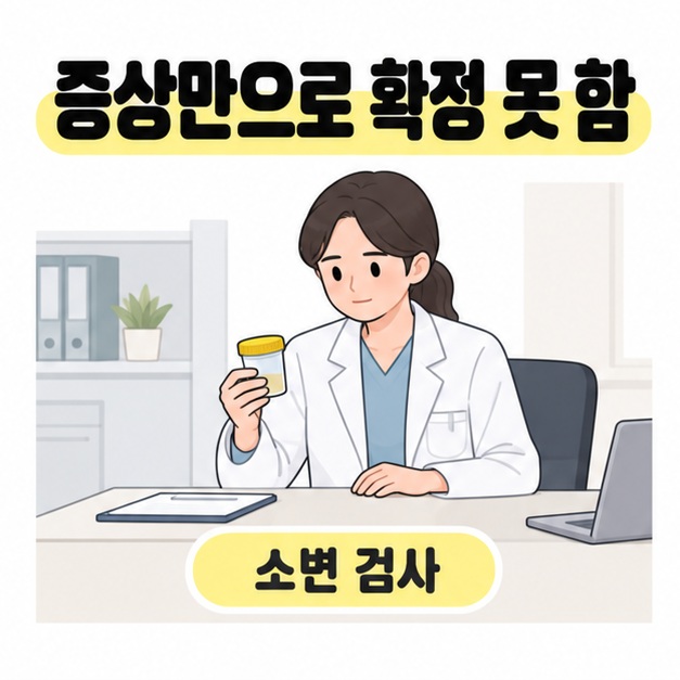 증상만으로 확정 못 함과 소변 검사라는 문구 아래 의료진이 뚜껑이 닫힌 검체 용기를 확인하는 그림