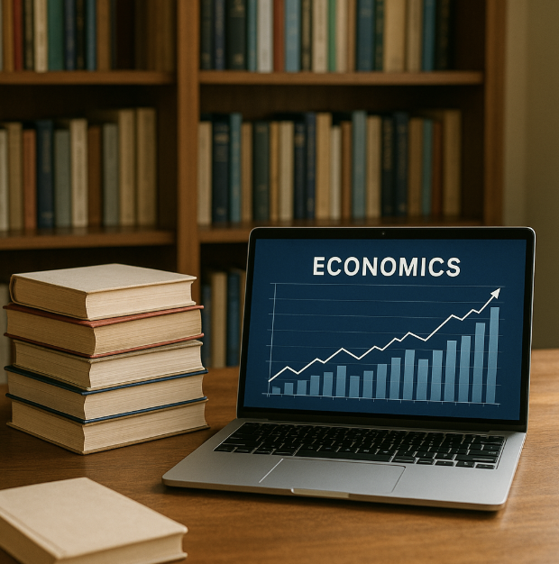 경제 관련 도서와 경제지표 관련 사진