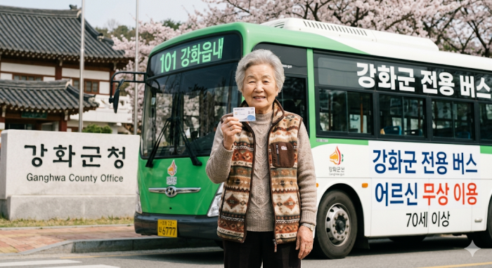 강화군 전용 무상 버스 앞에서 밝게 웃으며 전용 교통카드를 들어 보이는 인자한 모습의 어르신 사진