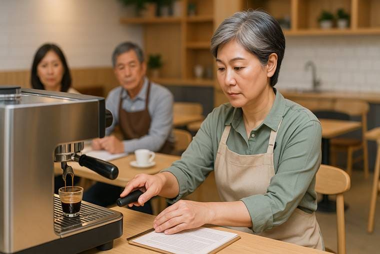 에스프레소 머신 실습 중인 중장년 바리스타 수강생 스타트업 타운카페 교육 현장