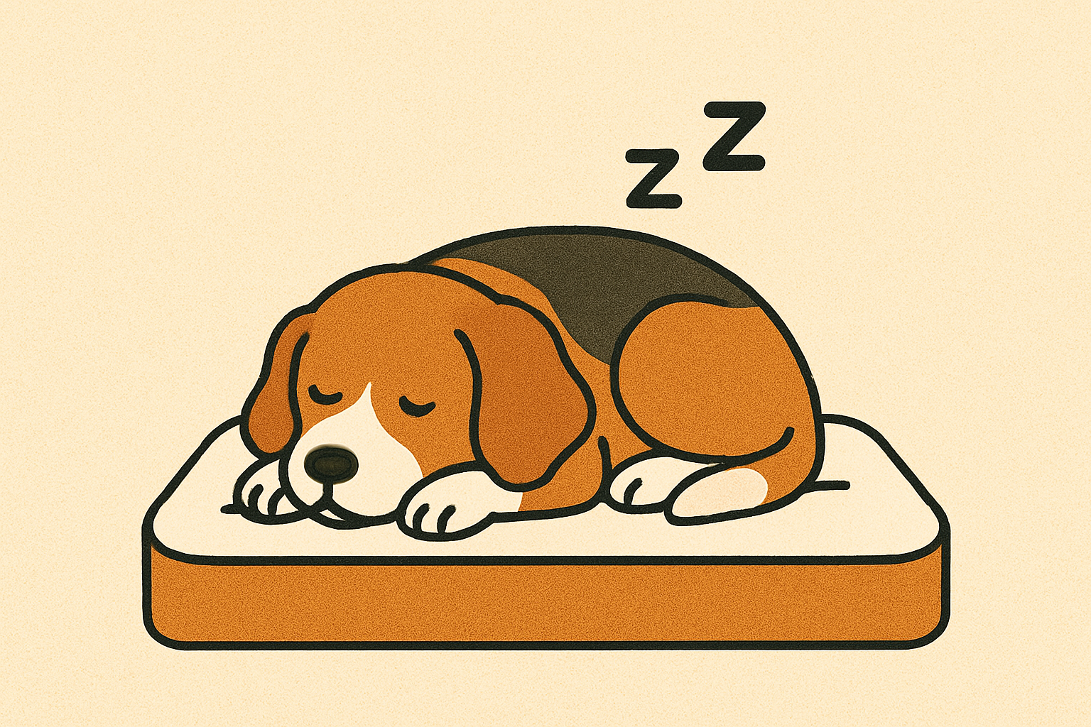 비글로 보이는 강아지가 침대 위에서 자고있음.