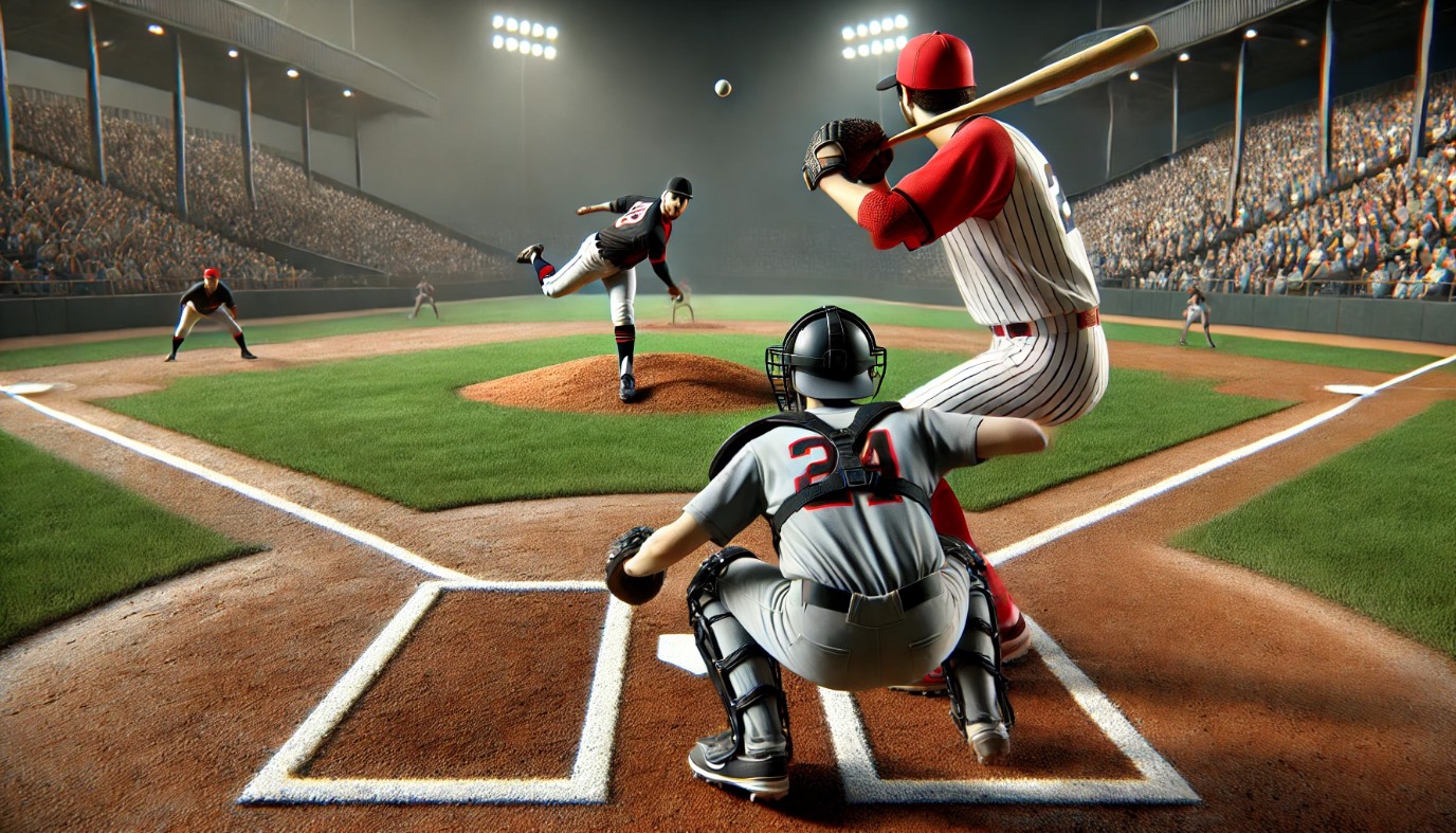 그라운드 위에서 투수가 공을 던지고, 타자가 칠 준비를 하고 있는 그림