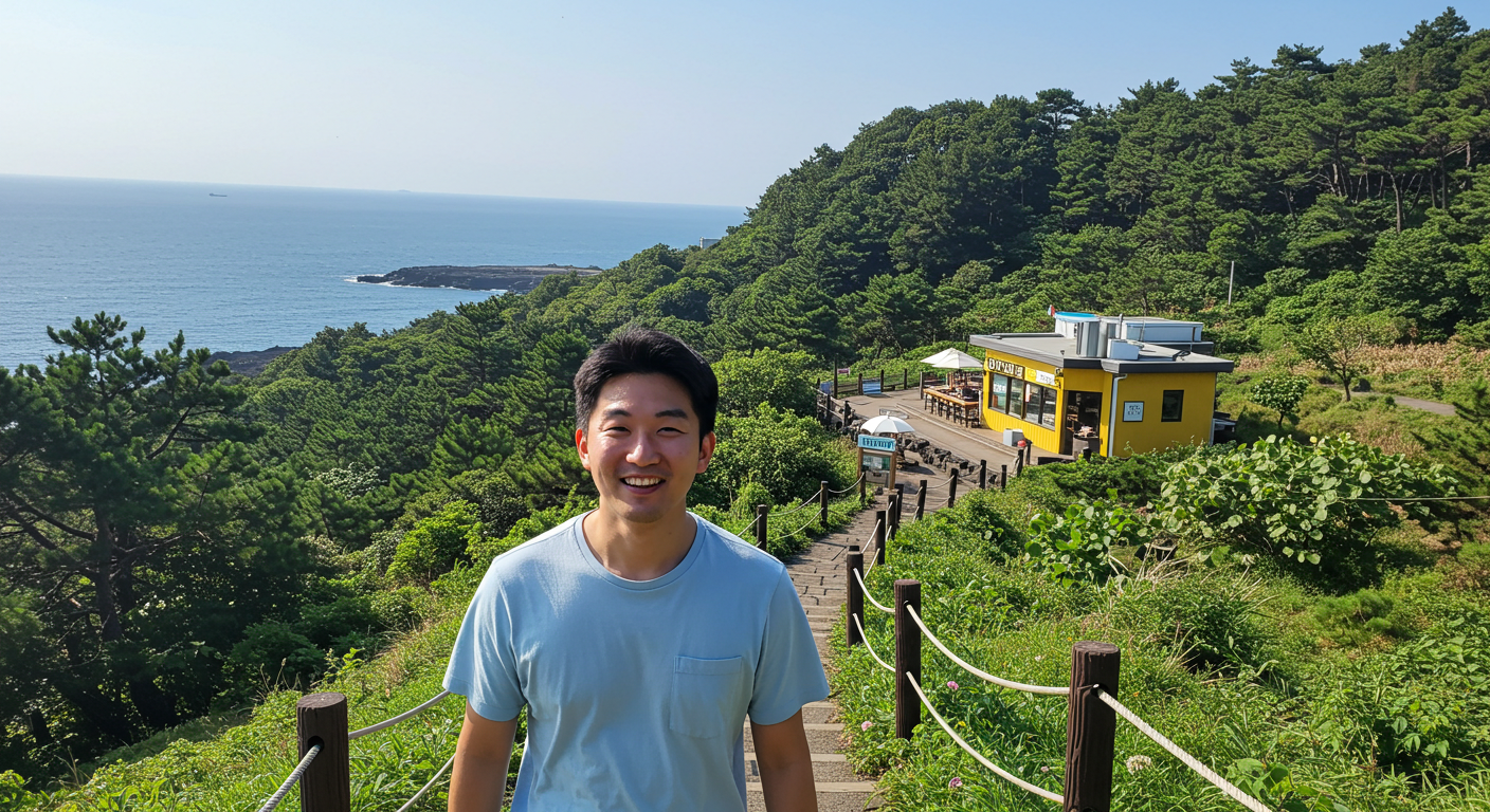 제주 오름길을 걷는 한국인과 그 뒤로 보이는 바다, 숲, 오름 전망 카페.