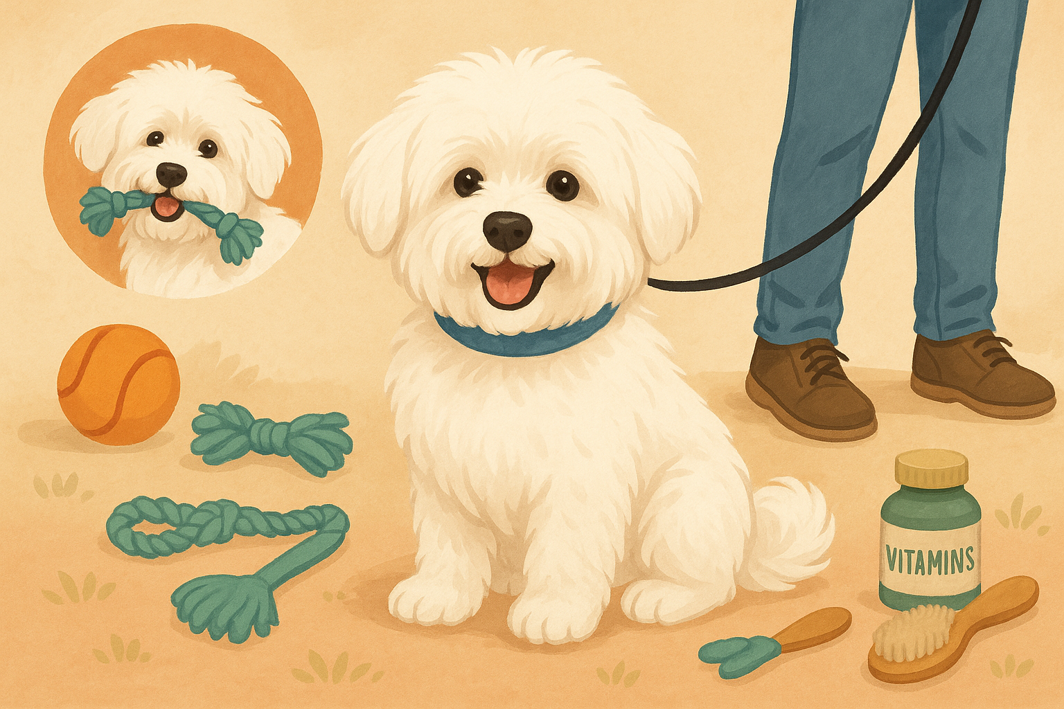 꼬똥 드 툴레아로 불리는 견종이 목줄을 한 채 앉아있고 주위에 장남감과 털관리 용품이 여기저기 놓여 있음.